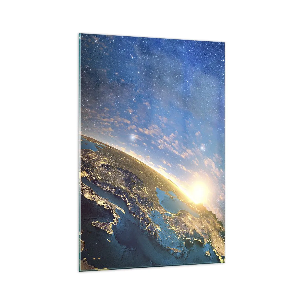Obraz na szkle - Widok na Ziemię z kosmosu o wschodzie słońca - 70x100cm - Spójrzmy na siebie z dystansu - Nowoczesna dekoracja ścienna do salonu i sypialni ARTTOR