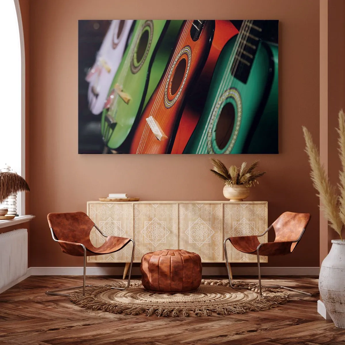 Obraz na płótnie - Kolorowe gitary w różnych odcieniach ułożone w szeregu - 120x80cm - Gitara ma wiele barw - Nowoczesna dekoracja ścienna do salonu, kuchni i sypialni ARTTOR