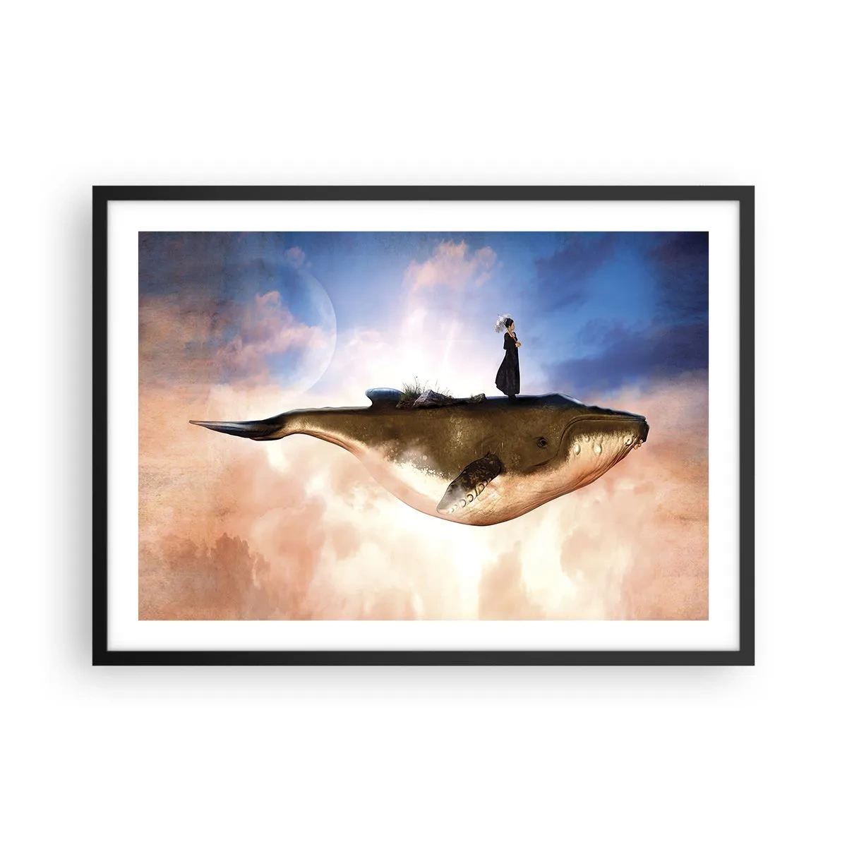 Plakat w czarnej ramie - Fantastyczna scena kobiety na wielorybie wśród chmur - 70x50cm - Nadrealna podróż - Nowoczesna dekoracja ścienna do salonu i sypialni ARTTOR