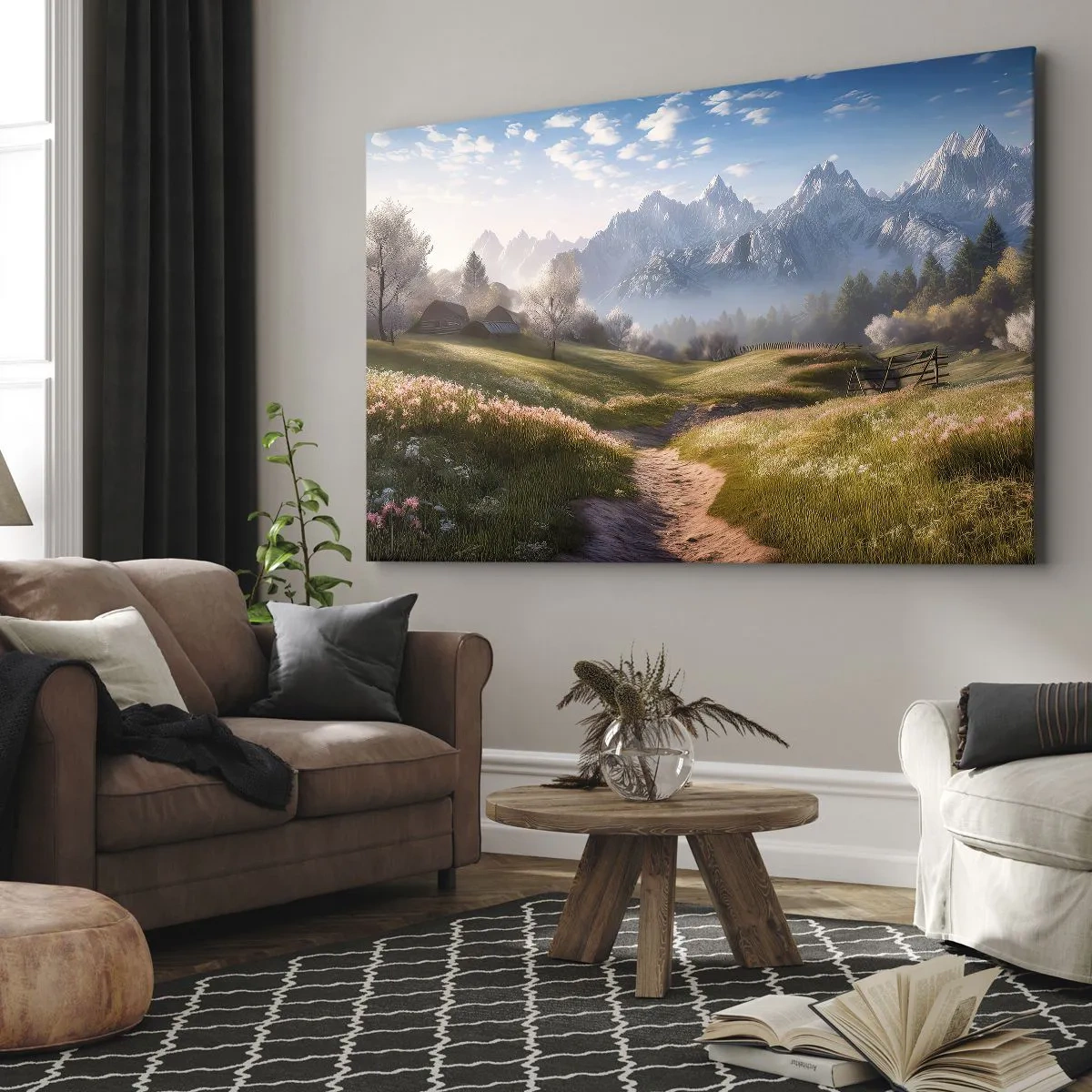 Obraz na płótnie - Górska dolina z łąkami, chatami i widokiem na szczyty - 70x50cm - Sielska dolina - Nowoczesna dekoracja ścienna do salonu i sypialni ARTTOR