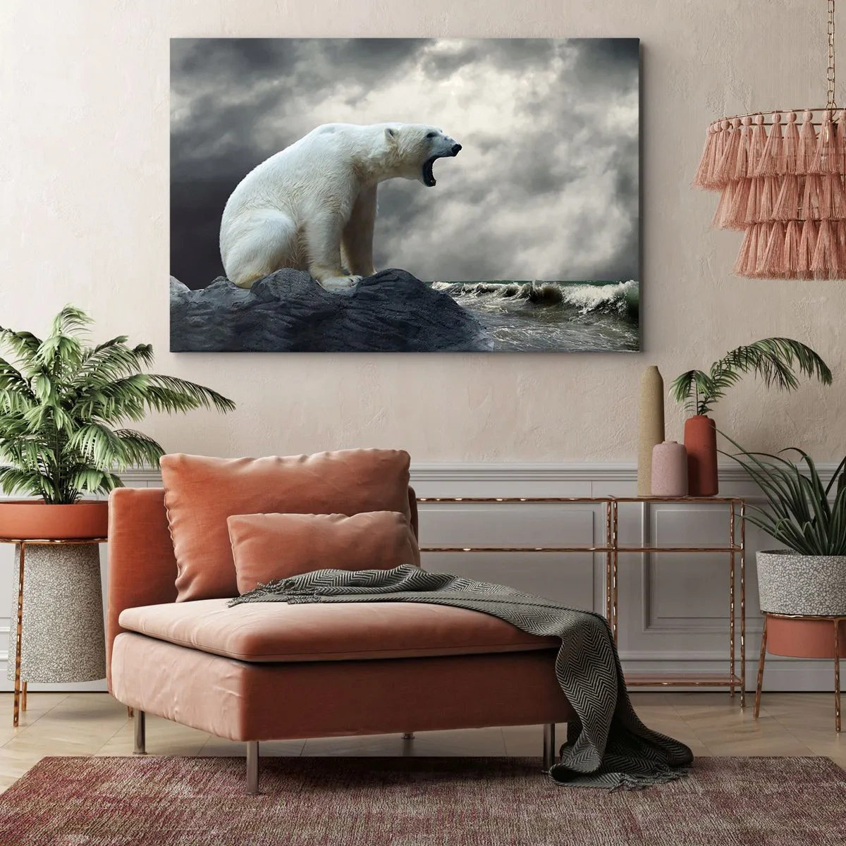 Obraz na płótnie - Niedźwiedź polarny na skałach nad wzburzonym morzem - 70x50cm - Samotny król Arktyki - Nowoczesna dekoracja ścienna do salonu i sypialni ARTTOR