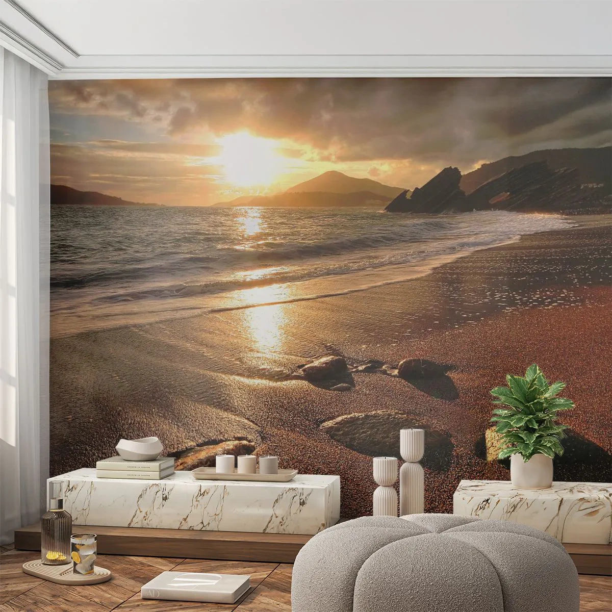 Fototapeta Premium Sand - Zachód słońca nad piaszczystą plażą i skałami - 100x70cm - Idź za słońcem ku wzgórzom - Nowoczesna dekoracja ścienna do salonu, kuchni i sypialni ARTTOR