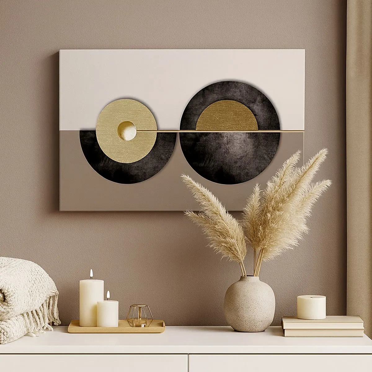 Obraz na płótnie - Abstrakcyjne koła w odcieniach złota i brązu - 70x50cm - Wariacje wokół koła - Nowoczesna dekoracja ścienna do salonu i sypialni ARTTOR