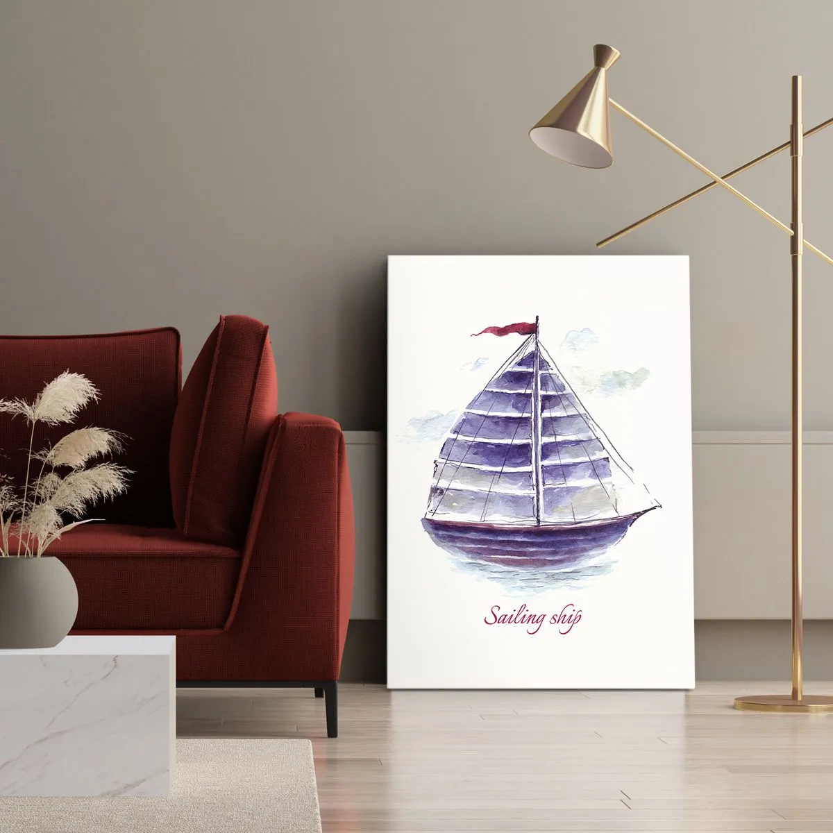 Obraz na płótnie - Akwarelowa ilustracja żaglowca na wodzie z napisem Sailing Ship - 50x70cm - Pełnych żagli i spokojnej wody - Nowoczesna dekoracja ścienna do salonu, kuchni i sypialni ARTTOR