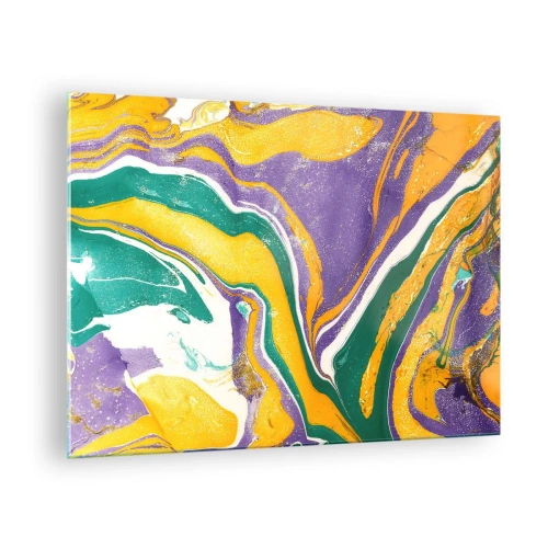 Obraz na szkle - Abstrakcyjny wzór z falami w żółci, fiolecie i zieleni - 70x50cm - Fale barw - Nowoczesna dekoracja ścienna do salonu i sypialni ARTTOR