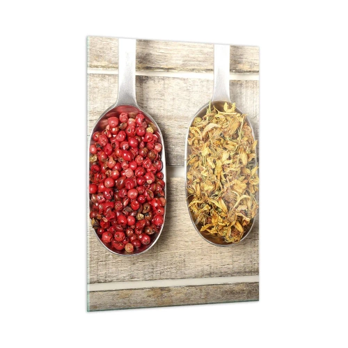 Obraz na szkle - Trzy łyżki z przyprawami na drewnianym tle w stylu rustykalnym - 50x70cm - Kuchenna magia - Nowoczesna dekoracja ścienna do salonu, kuchni i sypialni ARTTOR