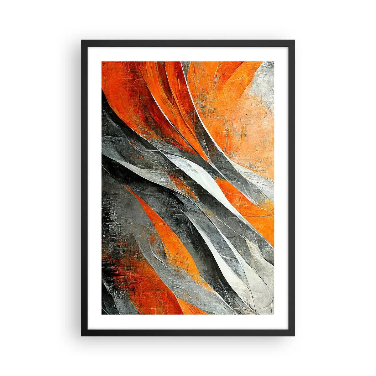 Plakat w czarnej ramie - Dynamiczna abstrakcja w odcieniach pomarańczu i szarości - 50x70cm - Żar i chłód - Nowoczesna dekoracja ścienna do salonu i sypialni ARTTOR