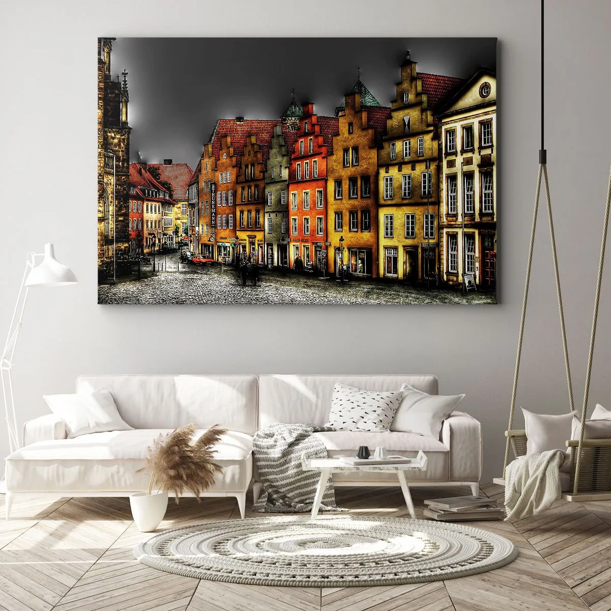 Obraz na płótnie - Kolorowe kamienice przy brukowanej ulicy w zabytkowym mieście - 70x50cm - Brakuje tylko zaczarowanej dorożki - Nowoczesna dekoracja ścienna do salonu i sypialni ARTTOR