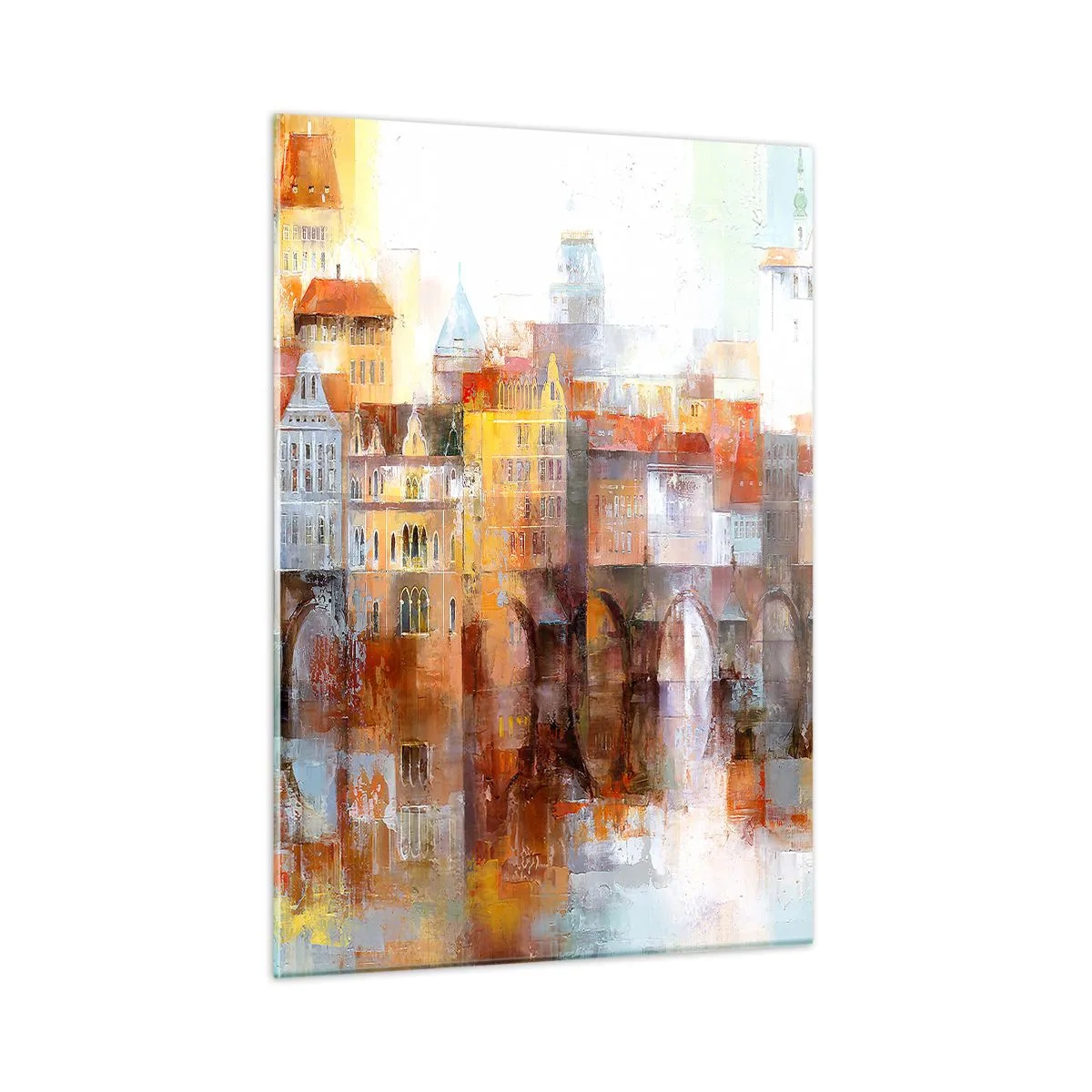 Obraz na szkle - Kolorowa panorama miasta z mostem i odbiciem w wodzie - 50x70cm - Pod mostem też pięknie - Nowoczesna dekoracja ścienna do salonu, kuchni i sypialni ARTTOR