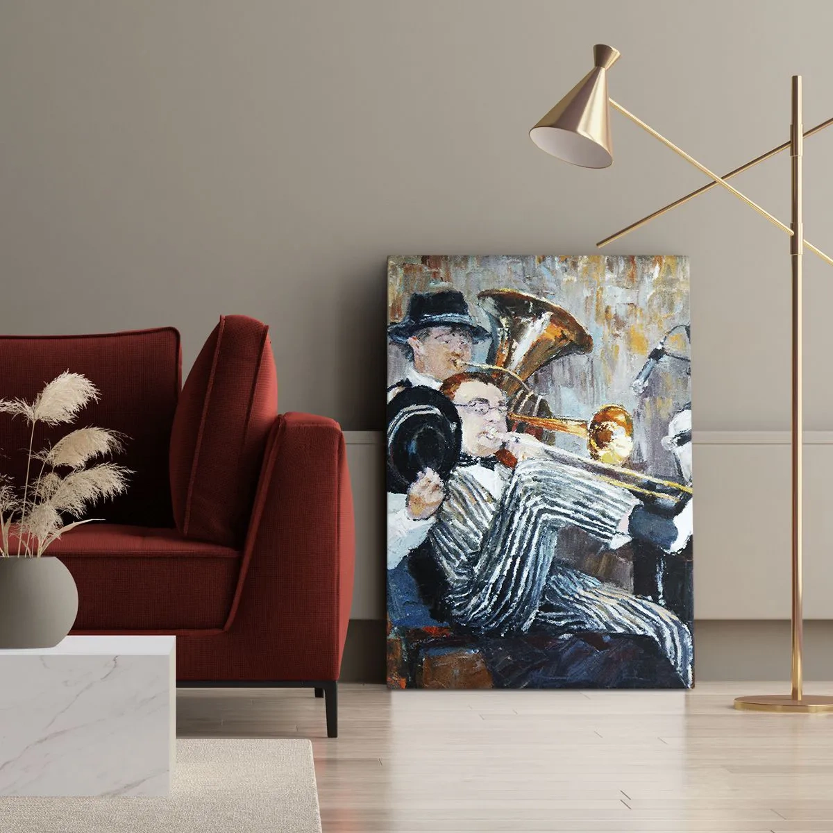 Obraz na płótnie - Muzycy jazzowi w stylu malarskim - 50x70cm - Cały ten jazz - Nowoczesna dekoracja ścienna do salonu, kuchni i sypialni ARTTOR