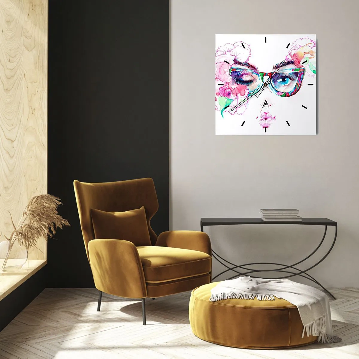 Zegar ścienny - Akwarelowa twarz z kolorowymi okularami i kwiatami - 30x30cm - Kusząca obietnica - Nowoczesna dekoracja ścienna do salonu i sypialni ARTTOR