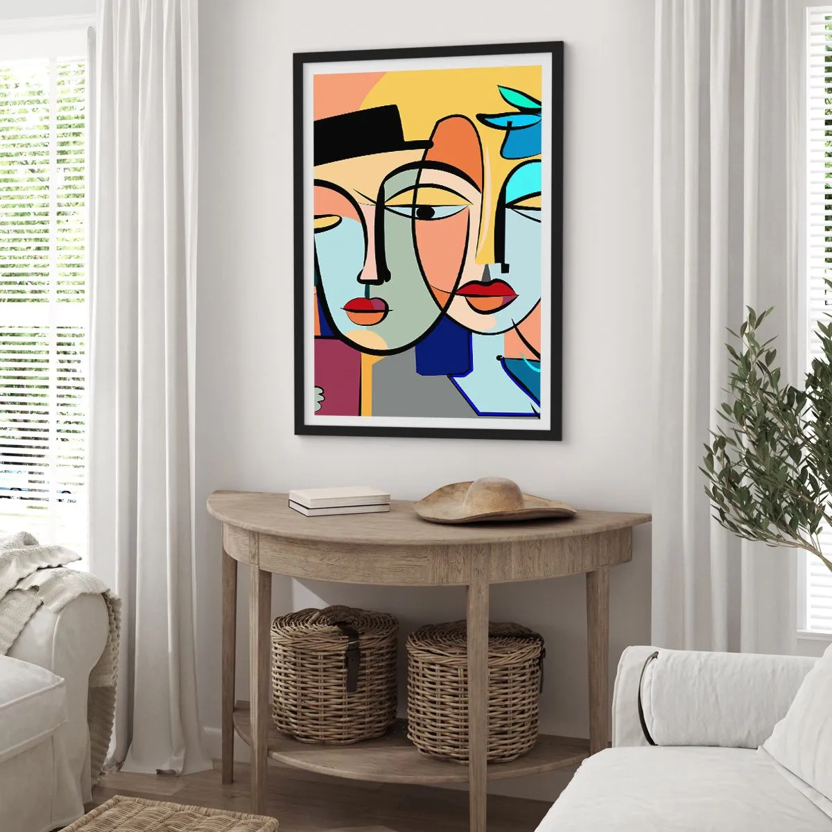 Plakat w czarnej ramie - Kolorowa abstrakcyjna kompozycja twarzy w stylu kubistycznym - 50x70cm - Picassowskie randez vous - Nowoczesna dekoracja ścienna do salonu i sypialni ARTTOR