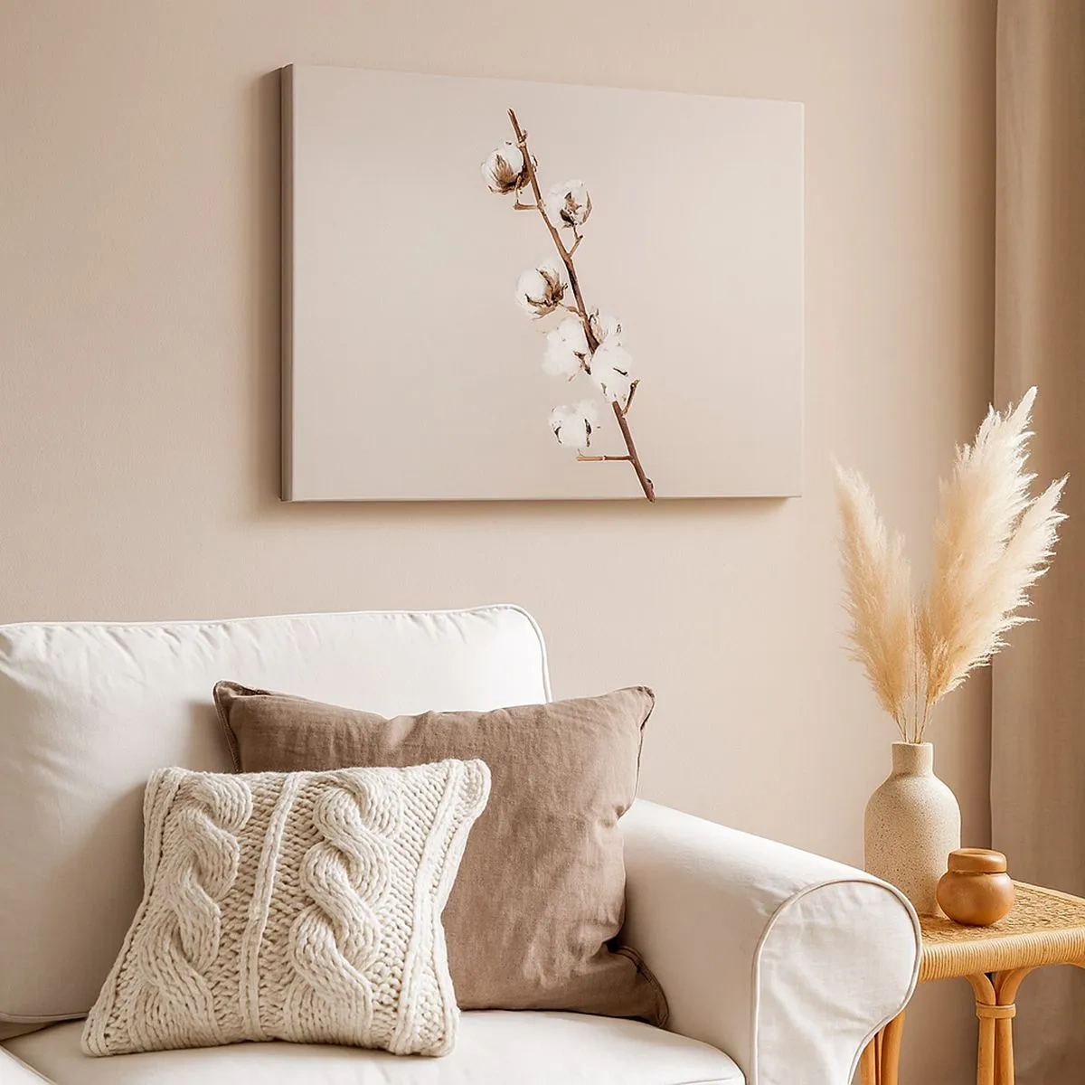 Obraz na płótnie - Gałązka bawełny na beżowym tle - 70x50cm - U źródła miękkości - Nowoczesna dekoracja ścienna do salonu i sypialni ARTTOR