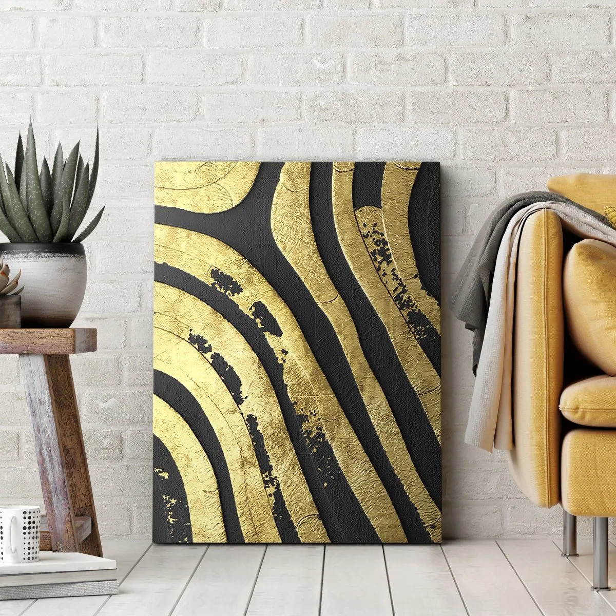 Obraz na płótnie - Abstrakcyjna kompozycja złotych i czarnych fal w stylu glamour - 50x70cm - Wszystko płynie - Nowoczesna dekoracja ścienna do salonu, kuchni i sypialni ARTTOR