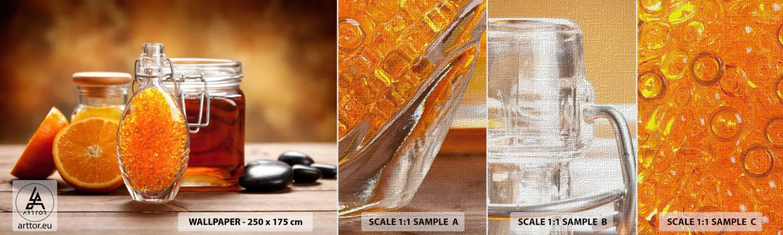 Fototapeta Próbka Premium Canvas - Słoneczne smaki i aromaty - Gastronomia, Pomarańcza, Słoik Z Miodem - 100x30 cm