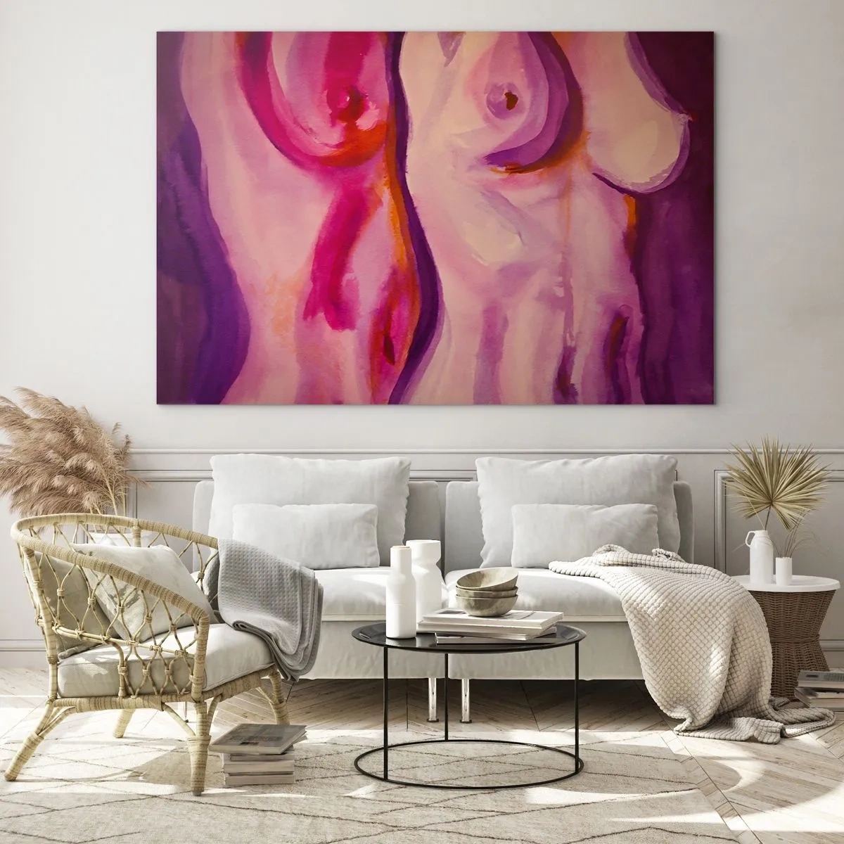 Obraz na szkle - Artystyczna interpretacja kobiecych sylwetek w odcieniach różu i fioletu - 70x50cm - Oda do kobiecości - Nowoczesna dekoracja ścienna do salonu i sypialni ARTTOR
