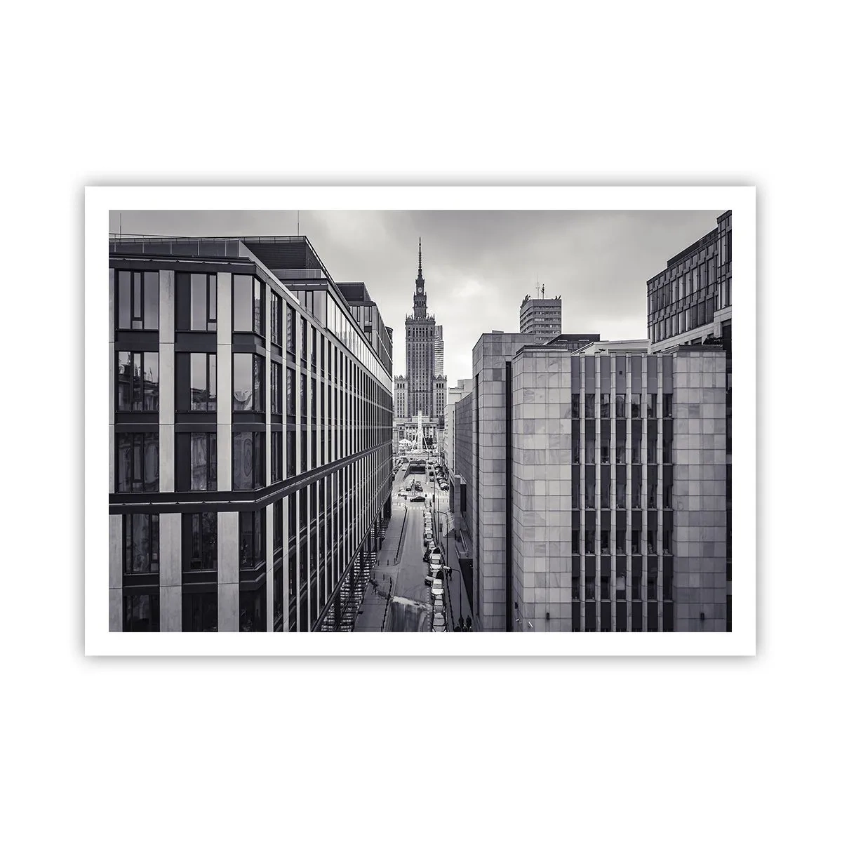 Plakat - Panorama Warszawy z widokiem na Pałac Kultury i otaczające budynki - 100x70cm - Warszawska dolina - Nowoczesna dekoracja ścienna do salonu i sypialni ARTTOR