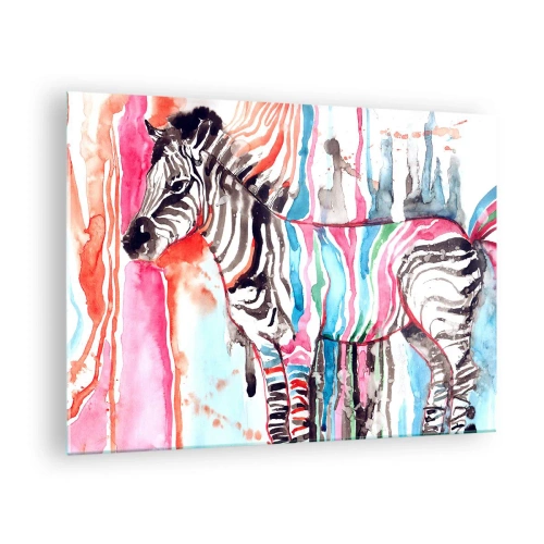 Obraz na szkle - Kolorowa zebra w stylu akwarelowym - 70x50cm - Beztroski żart natury - Nowoczesna dekoracja ścienna do salonu i sypialni ARTTOR
