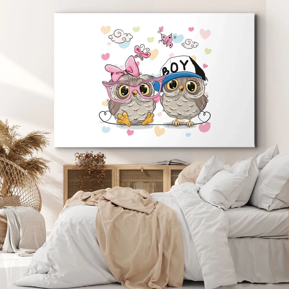 Obraz na płótnie - Dwie urocze sowy w otoczeniu serduszek - 70x50cm - Kochajmy się! - Nowoczesna dekoracja ścienna do salonu i sypialni ARTTOR
