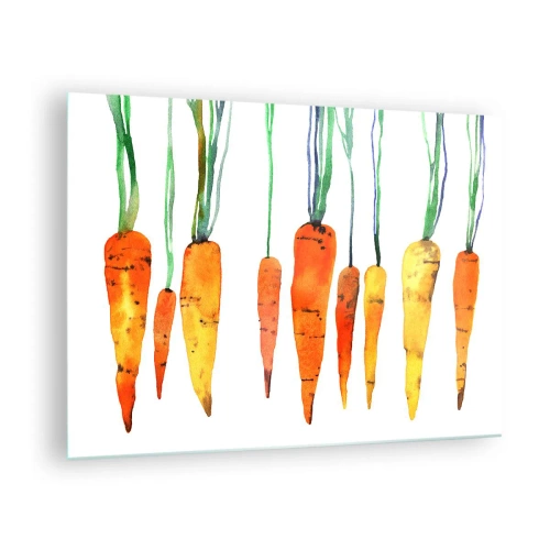 Obraz na szkle - Akwarelowe marchewki w różnych odcieniach pomarańczu z zielonymi łodygami - 70x50cm - Uroda zwyczajności - Nowoczesna dekoracja ścienna do salonu i sypialni ARTTOR