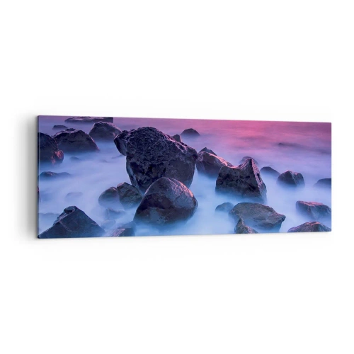 Obraz na płótnie - Kamieniste wybrzeże o zachodzie słońca - 140x50cm - Narodziny w blasku i mgle - Nowoczesna dekoracja ścienna do salonu i sypialni ARTTOR