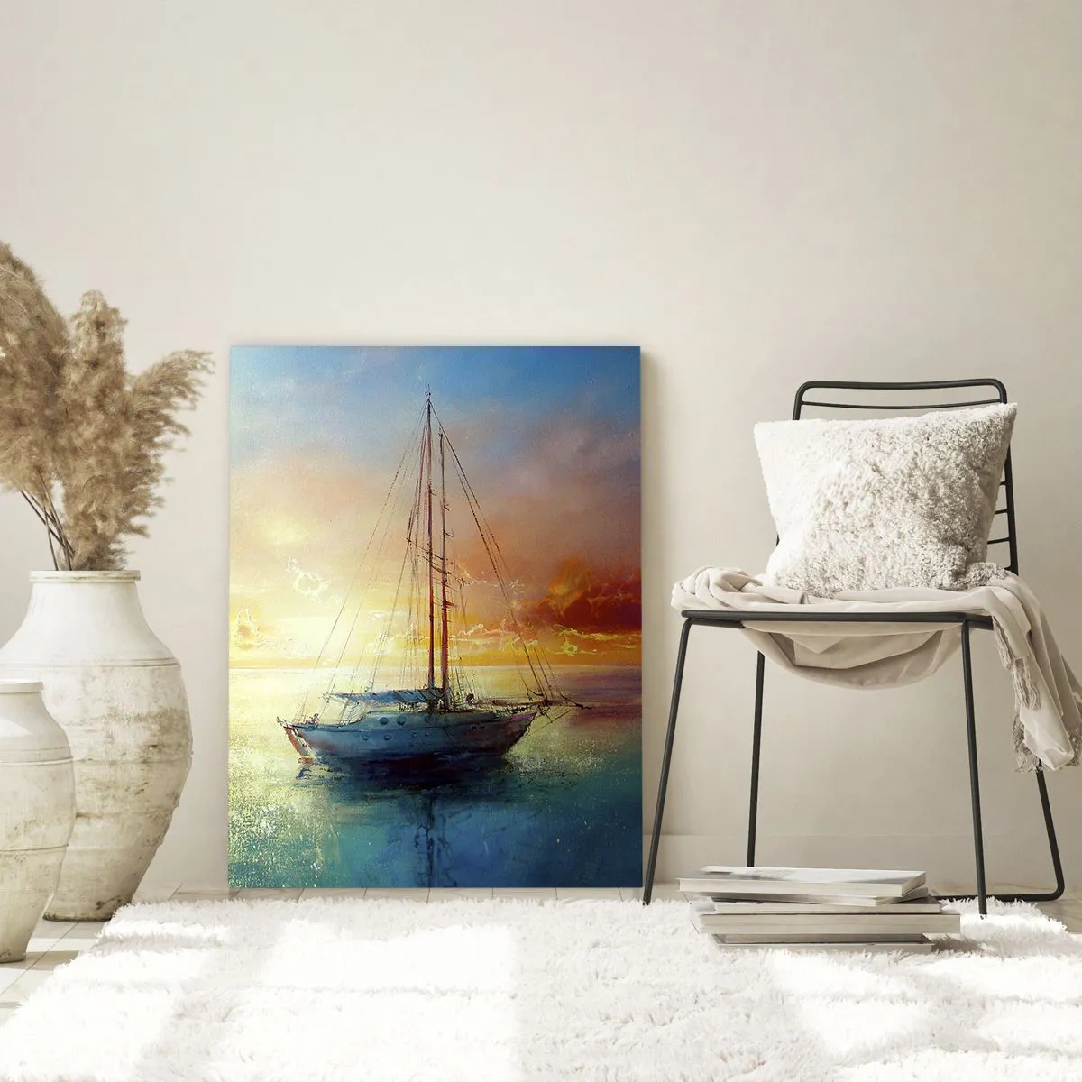Obraz na szkle - Jacht na spokojnym morzu o zachodzie słońca - 70x100cm - W złotej zatoce - Nowoczesna dekoracja ścienna do salonu i sypialni ARTTOR