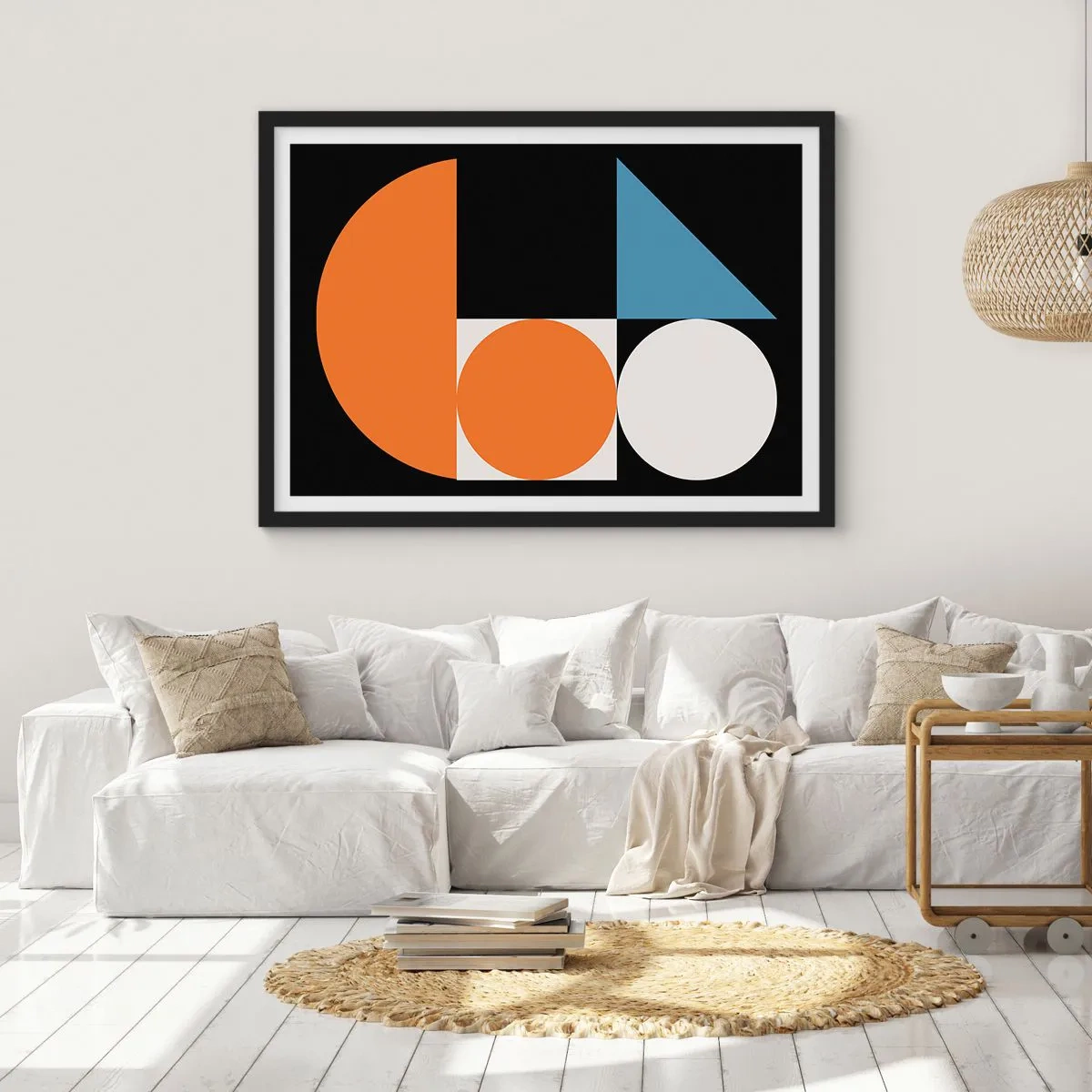 Plakat w czarnej ramie - Geometryczny wzór z kolorowymi kształtami na czarnym tle - 70x50cm - Układ figurowy - Nowoczesna dekoracja ścienna do salonu i sypialni ARTTOR