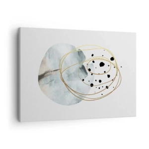 Obraz na płótnie - Minimalistyczna abstrakcja z geometrycznym wzorem i złotymi liniami - 70x50cm - W objęciach przestrzeni - Nowoczesna dekoracja ścienna do salonu i sypialni ARTTOR