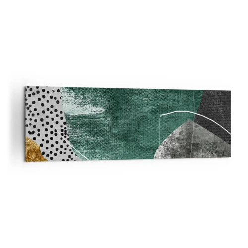 Obraz na płótnie - Abstrakcyjna kompozycja z zielonymi kształtami i wzorami kropek - 160x50cm - Barwna abstrakcja z płatkiem złota - Nowoczesna dekoracja ścienna do salonu i sypialni ARTTOR