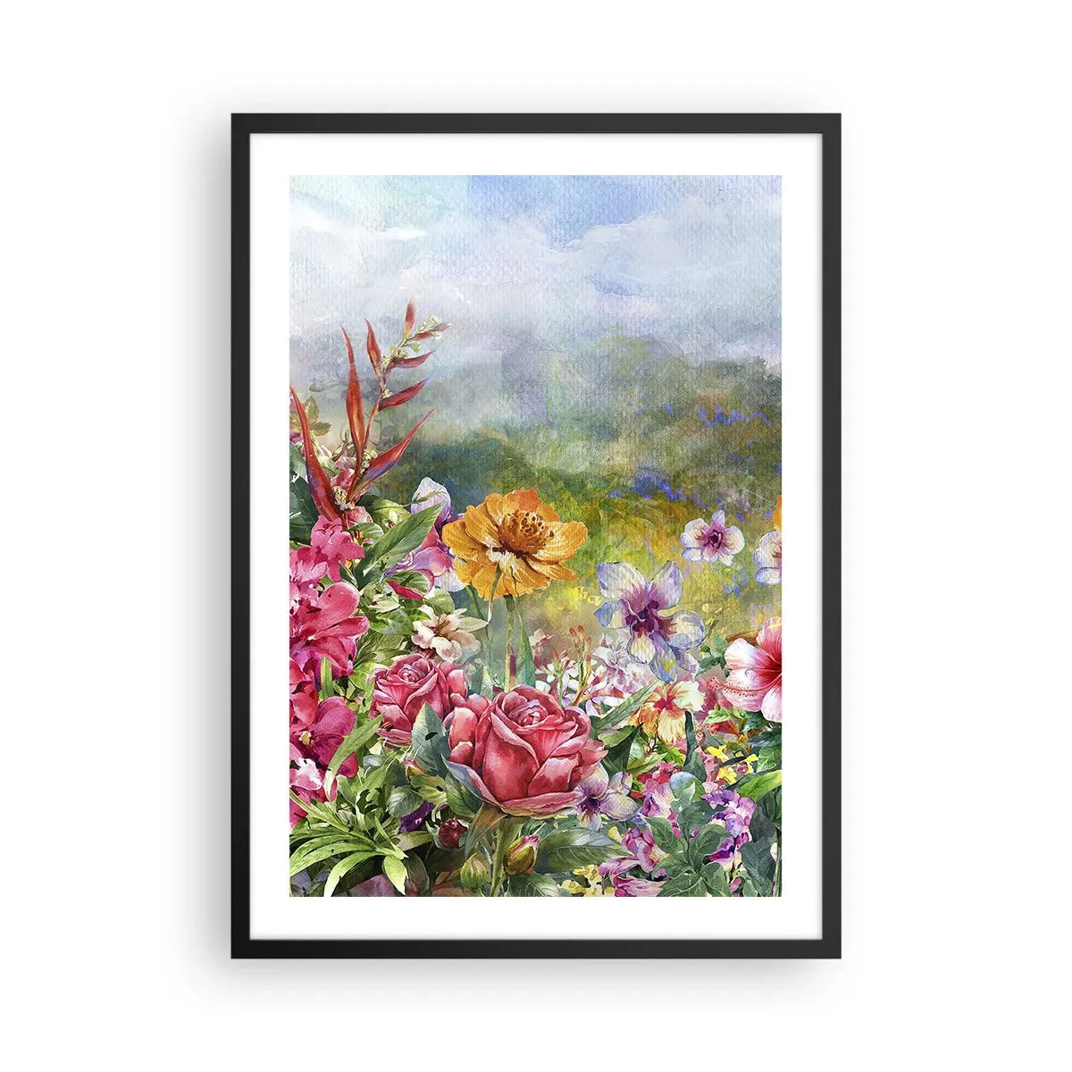 Plakat w czarnej ramie - Pole kwiatów w słoneczny dzień - 50x70cm - Ogród, który oszalał - Nowoczesna dekoracja ścienna do salonu i sypialni ARTTOR