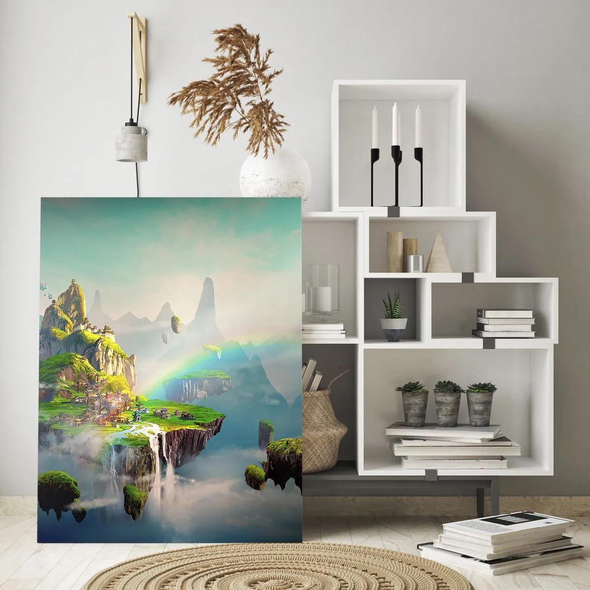 Obraz na szkle - Latające wyspy wśród chmur z tęczą na horyzoncie - 80x120cm - Śródniebie - wyspy szczęśliwe - Nowoczesna dekoracja ścienna do salonu i sypialni ARTTOR