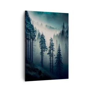 Obraz na płótnie - Górski las spowity mgłą w odcieniach niebieskiego i zieleni - 70x100cm - Górski poranek - Nowoczesna dekoracja ścienna do salonu i sypialni ARTTOR