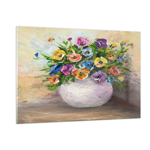Obraz na szkle - Bukiet kolorowych kwiatów w białym wazonie - 120x80cm - Martwa natura z białym wazonem - Nowoczesna dekoracja ścienna do salonu, kuchni i sypialni ARTTOR