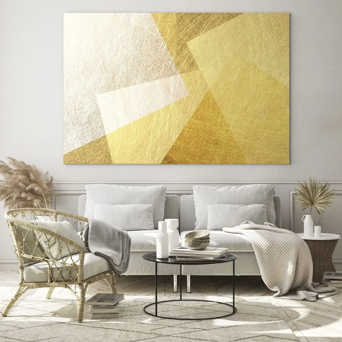 Obraz na szkle - Złote geometryczne kształty o teksturze metalu i światła - 70x50cm - Pogoda geometrii - Nowoczesna dekoracja ścienna do salonu i sypialni ARTTOR