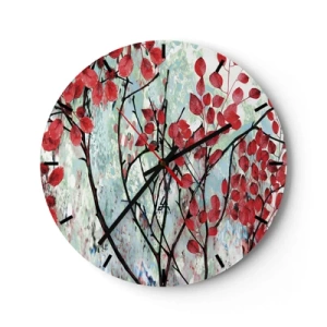 Zegar ścienny - Gałęzie z czerwonymi liśćmi na malarskim tle - 30x30cm - Drzewo w szkarłacie - Nowoczesna dekoracja ścienna do salonu, kuchni i sypialni ARTTOR