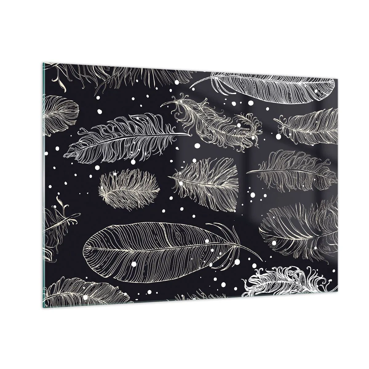 Obraz na szkle - Białe pióra na czarnym tle z subtelnymi detalami - 100x70cm - Pierzasta koronka - Nowoczesna dekoracja ścienna do salonu, kuchni i sypialni ARTTOR