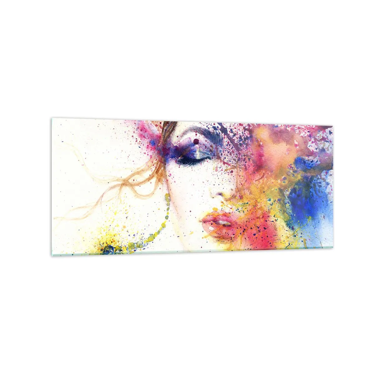 Obraz na szkle - Artystyczny portret kobiety w akwarelowych barwach pełnych ekspresji - 120x50cm - Tęczowy zawrót głowy - Nowoczesna dekoracja ścienna do salonu i sypialni ARTTOR