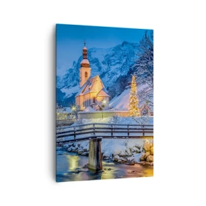 Obraz na płótnie - Zimowy krajobraz z kościołem, mostem i górami o zmierzchu - 70x100cm - Duch Świąt - Nowoczesna dekoracja ścienna do salonu i sypialni ARTTOR