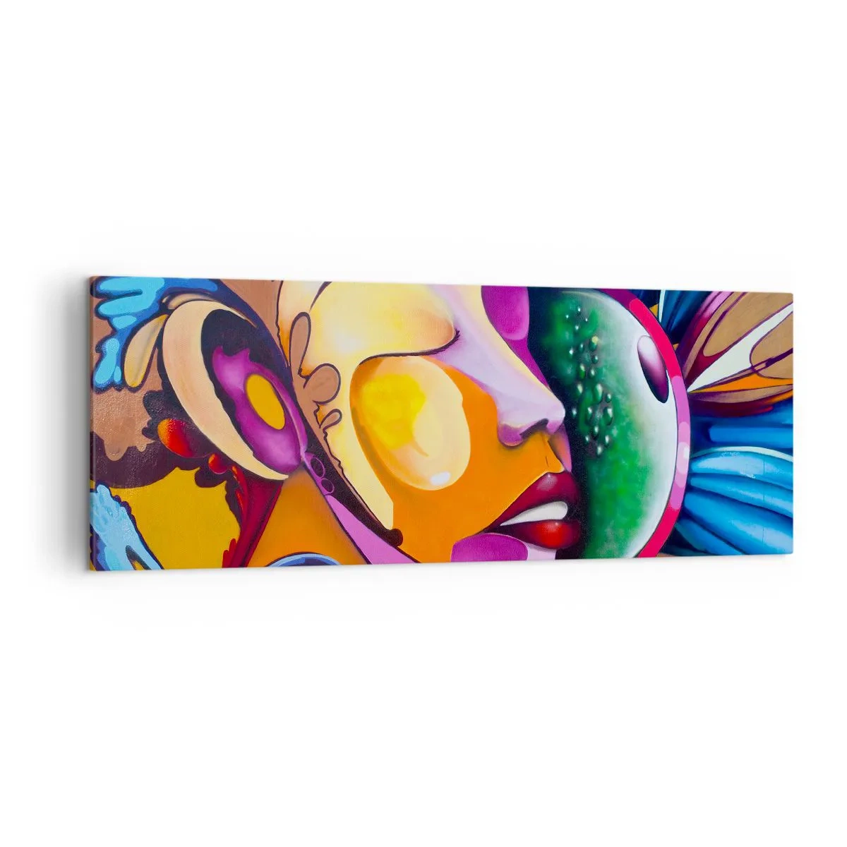 Obraz na płótnie - Kolorowa abstrakcja z motywem twarzy w dynamicznej kompozycji - 140x50cm - Dotknąć kolorem - Nowoczesna dekoracja ścienna do salonu i sypialni ARTTOR