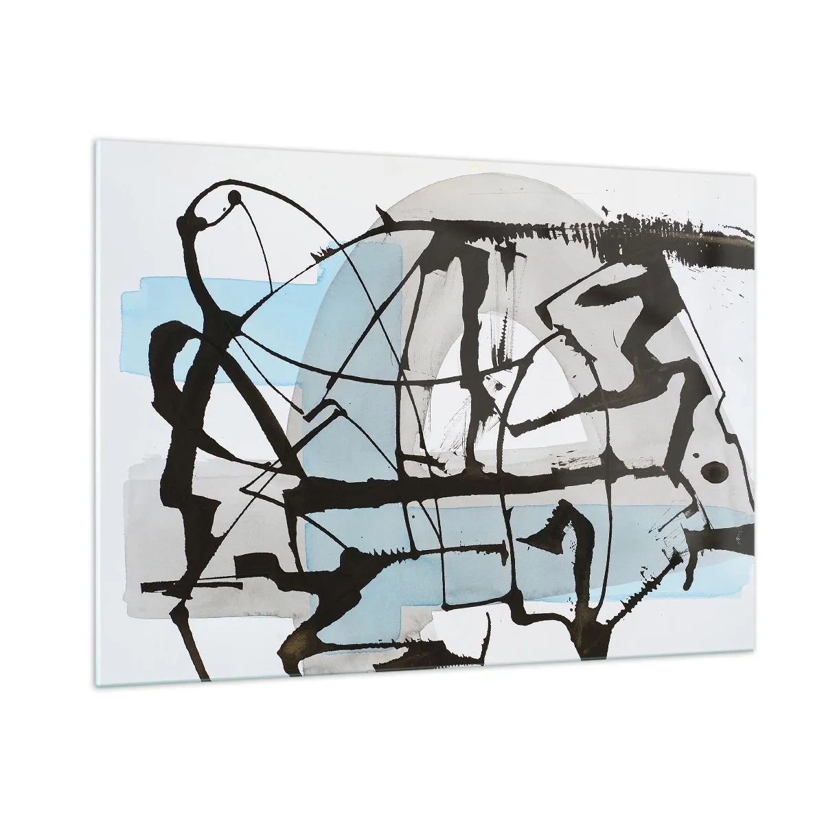 Obraz na szkle - Abstrakcyjna kompozycja z czarnym szkicem i błękitnymi plamami - 100x70cm - Mimo wszystko błękitny - Nowoczesna dekoracja ścienna do salonu, kuchni i sypialni ARTTOR