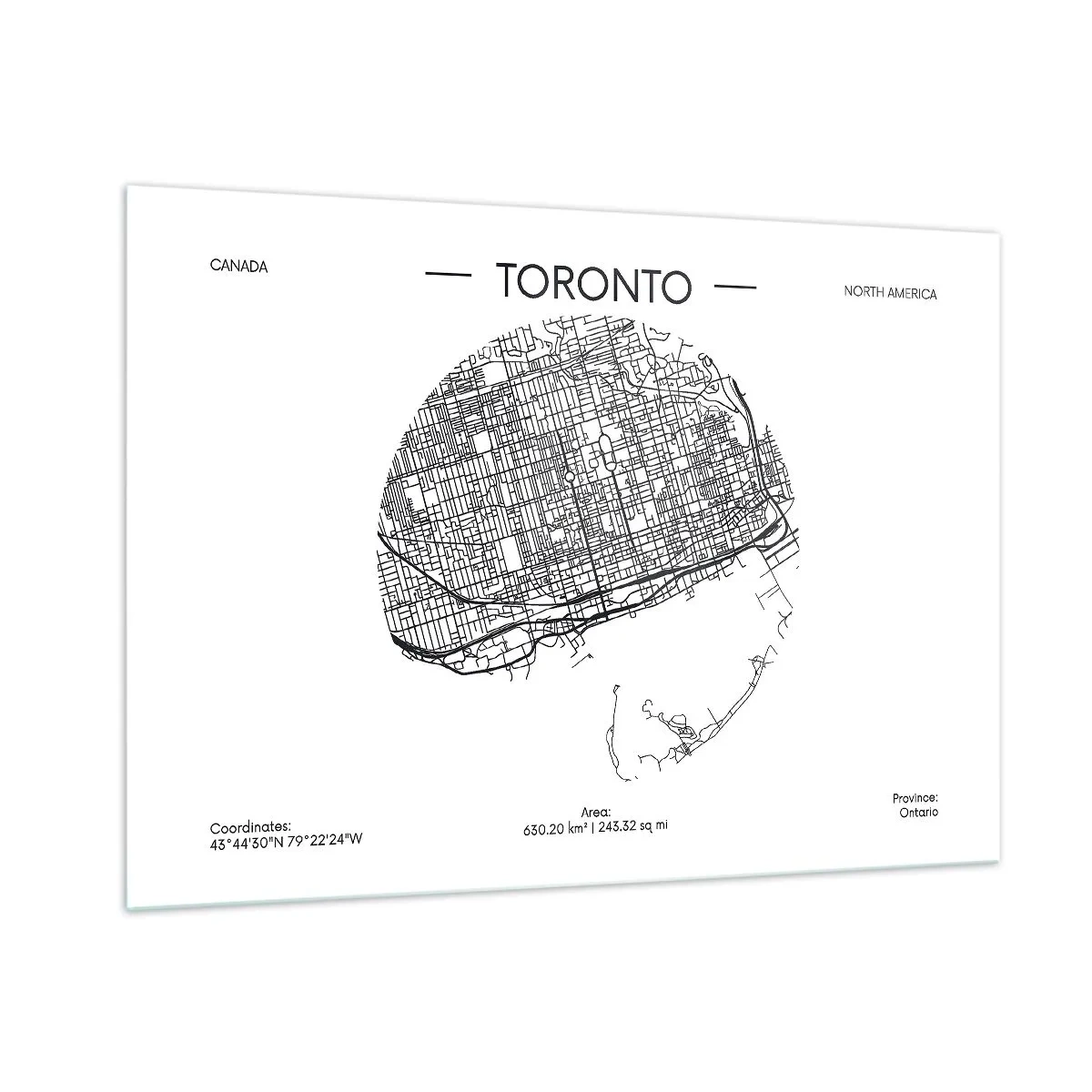 Obraz na szkle - Mapa Toronto w minimalistycznym stylu z siatką ulic - 100x70cm - Anatomia Toronto - Nowoczesna dekoracja ścienna do salonu, kuchni i sypialni ARTTOR