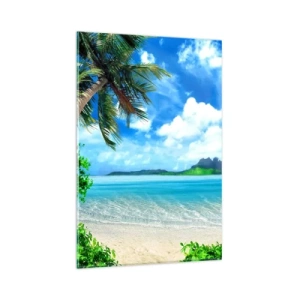Obraz na szkle - Tropikalna plaża z palmami i widokiem na wyspę - 80x120cm - Lazur tropików - Nowoczesna dekoracja ścienna do salonu i sypialni ARTTOR