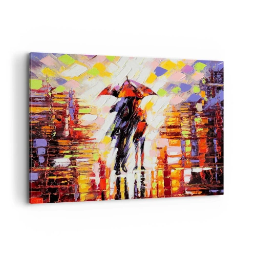 Obraz na płótnie - Abstrakcyjna scena spaceru pod parasolem w deszczową noc - 120x80cm - Razem przez noc i deszcz - Nowoczesna dekoracja ścienna do salonu, kuchni i sypialni ARTTOR