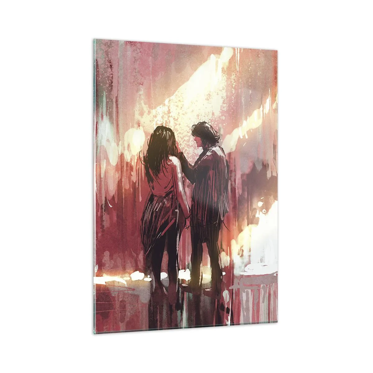 Obraz na szkle - Para w ciepłym świetle abstrakcyjnej scenerii - 50x70cm - Odwieczny spektakl miłości - Nowoczesna dekoracja ścienna do salonu, kuchni i sypialni ARTTOR