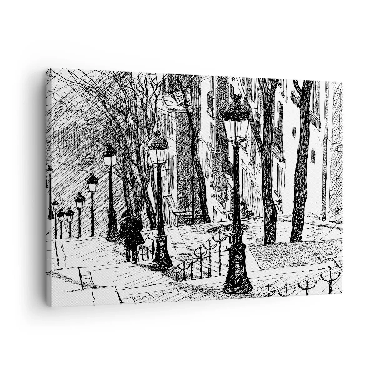 Obraz na płótnie - Ulica z lampami i sylwetką człowieka w technice szkicowej - 70x50cm - Historia miłosna czy opowieśc grozy? - Nowoczesna dekoracja ścienna do salonu i sypialni ARTTOR