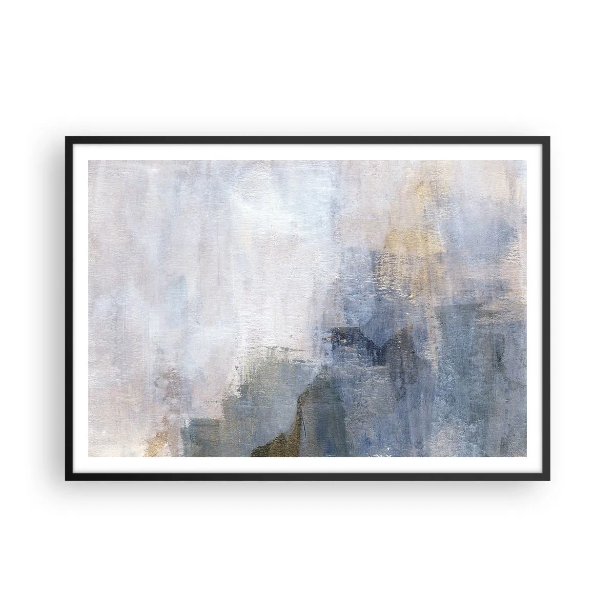 Plakat w czarnej ramie - Subtelne abstrakcyjne plamy w odcieniach błękitu i beżu - 100x70cm - Tony i akordy barw - Nowoczesna dekoracja ścienna do salonu i sypialni ARTTOR