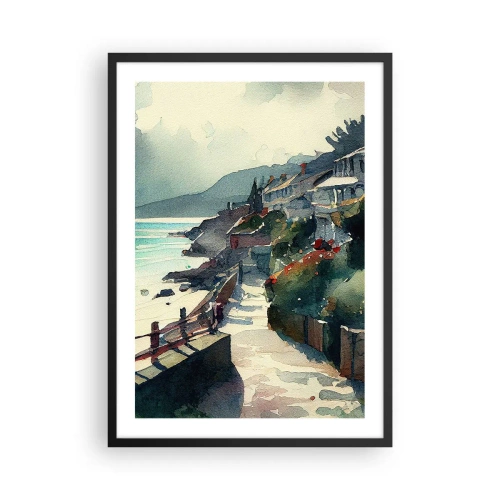 Plakat w czarnej ramie - Malownicza nadmorska ścieżka w akwarelowym stylu - 50x70cm - Śródziemnomorskie miasteczko - Nowoczesna dekoracja ścienna do salonu i sypialni ARTTOR