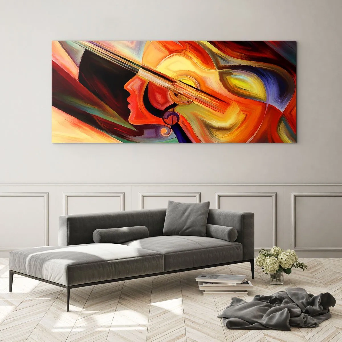 Obraz na szkle - Kolorowa abstrakcja inspirowana muzyką i gitarą - 120x50cm - Wszystko gra - Nowoczesna dekoracja ścienna do salonu i sypialni ARTTOR