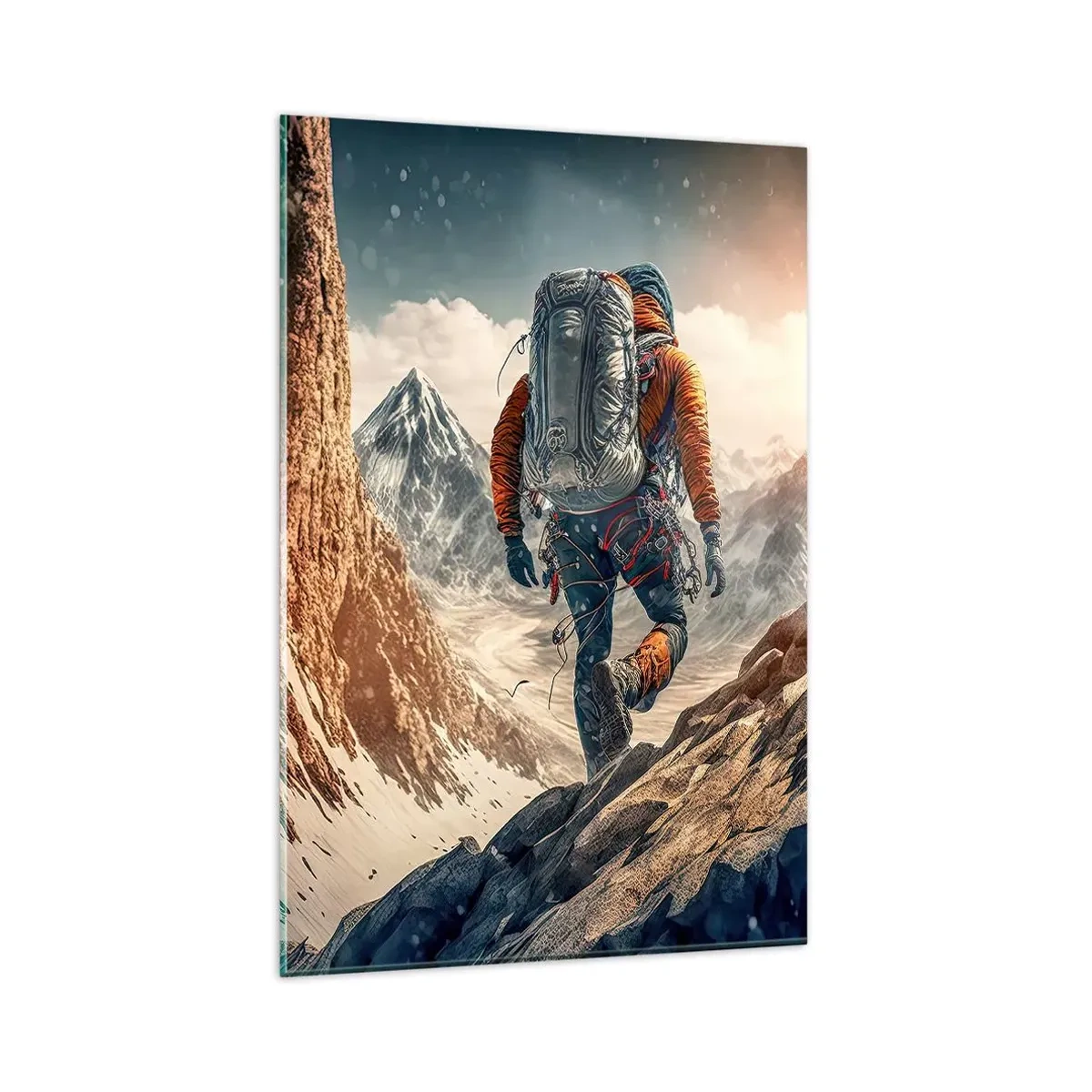 Obraz na szkle - Wspinacz na górskim szlaku w zimowym krajobrazie - 80x120cm - Samotny wojownik - Nowoczesna dekoracja ścienna do salonu i sypialni ARTTOR