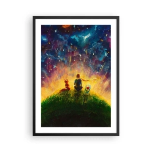Plakat w czarnej ramie - Postacie siedzące na wzgórzu pod rozgwieżdżonym niebem - 50x70cm - Miłość i przyjaźń - cały świat - Nowoczesna dekoracja ścienna do salonu i sypialni ARTTOR